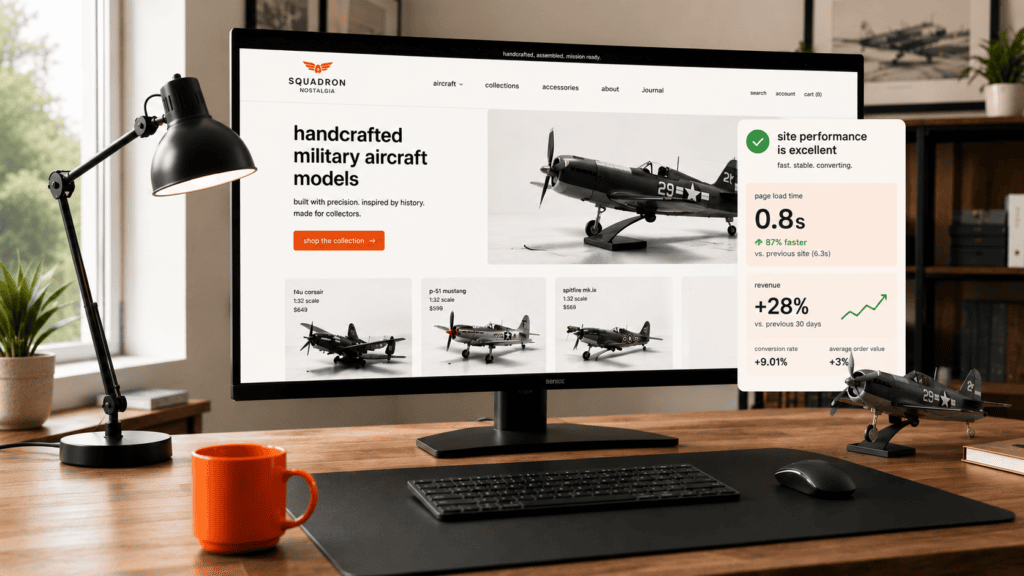 Squadron Nostalgia's headless WooCommerce storefront after launch, with a clean catalog and fast-loading product pages.