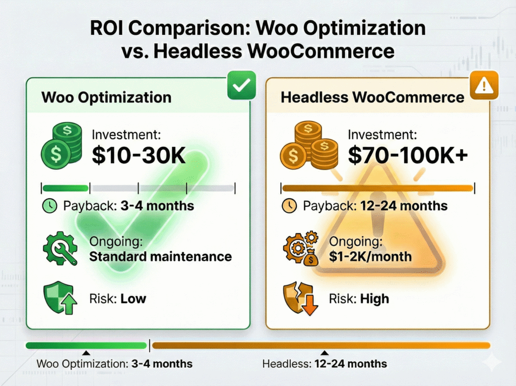 ROI comparison infographic showing native WooCommerce optimization pays back in 3-4 months versus 12-24 months for headless