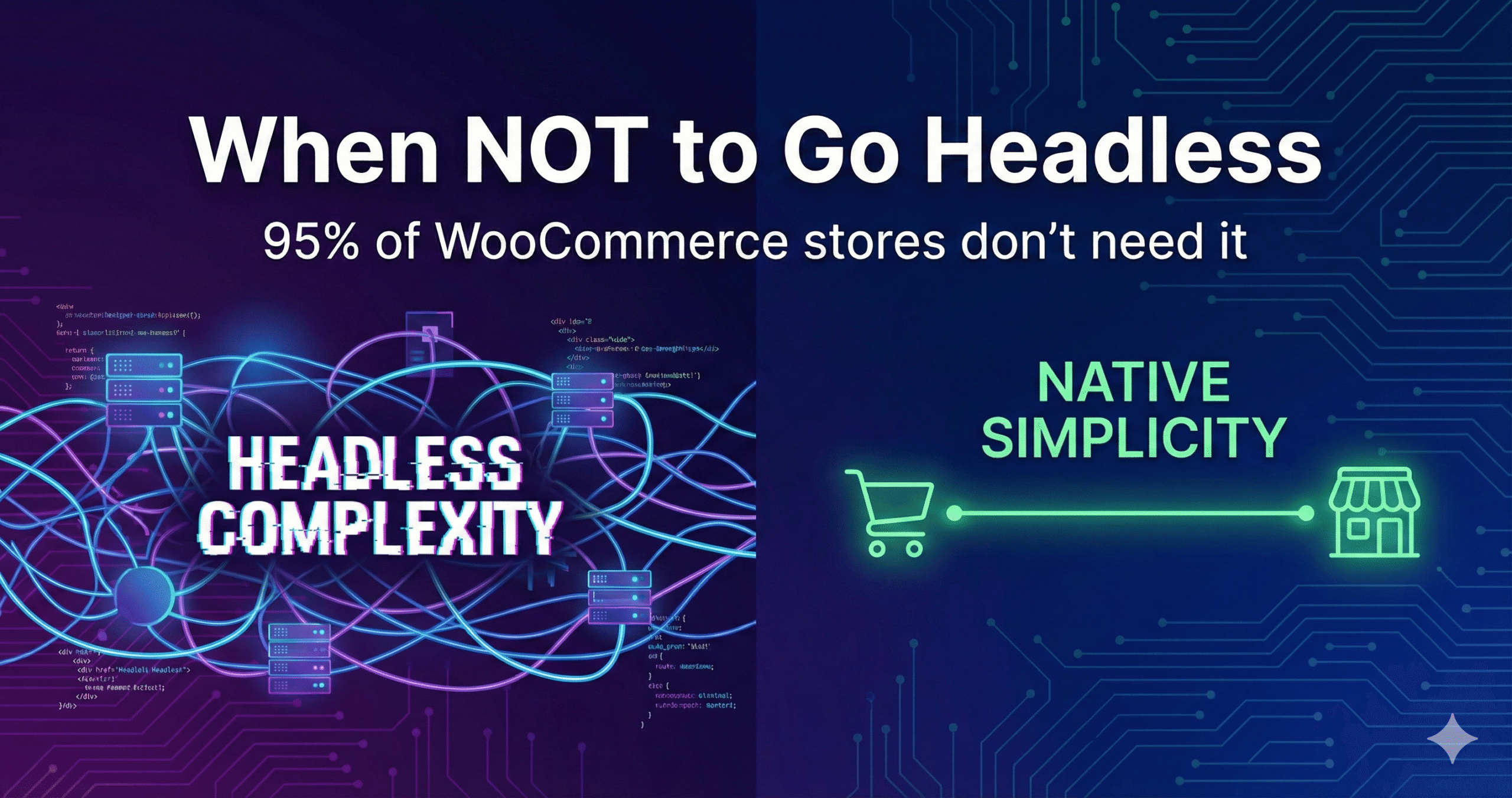 Comparison showing headless WooCommerce complexity versus WooCommerce optimization simplicity