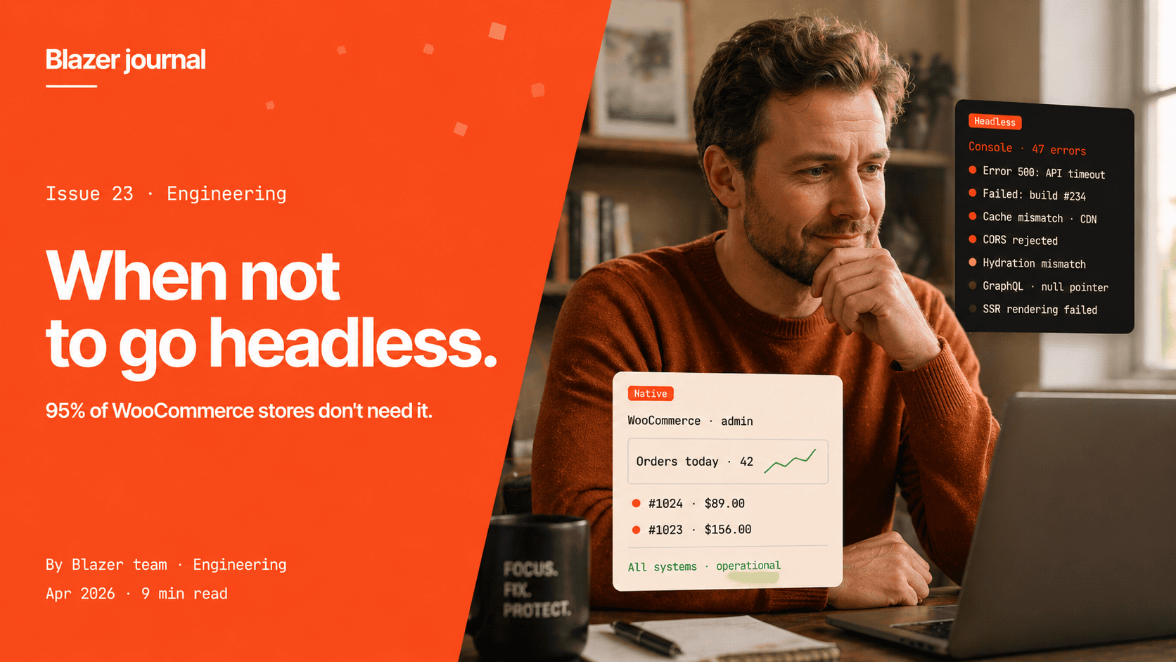 Developer at his laptop comparing two panels — a Headless console with 47 errors against a calm native WooCommerce admin showing 42 orders today and all systems operational.