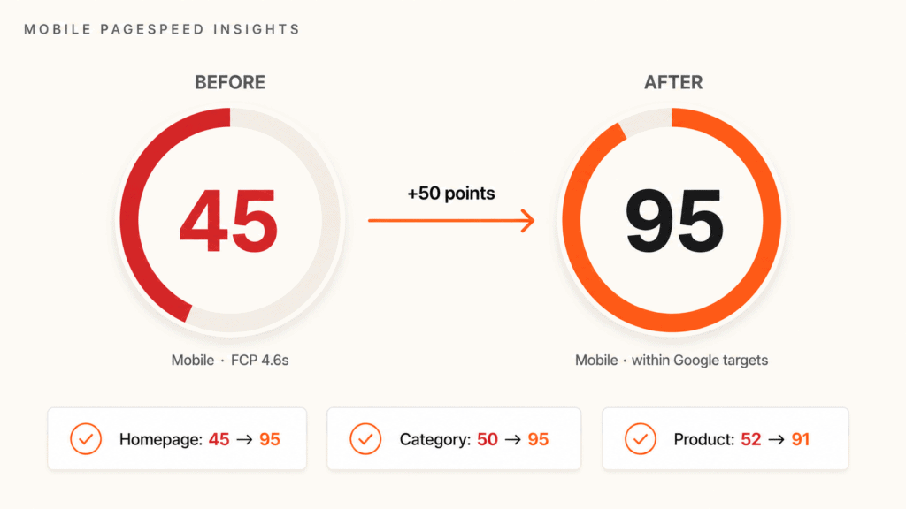 Mobile PageSpeed Insights before-and-after gauge comparison for Cannaclear showing improvement from 45 to 95 out of 100 with 50-point gain across homepage, category, and product pages.