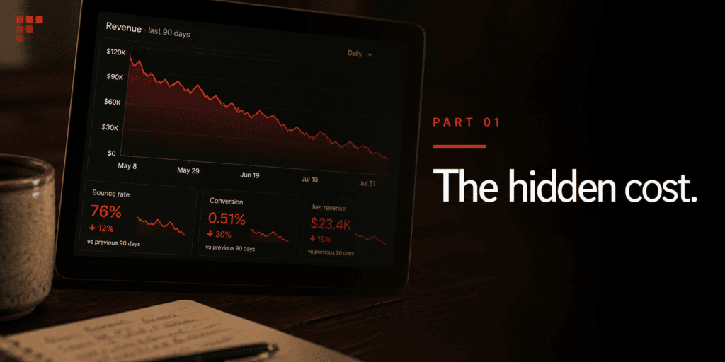 Declining red revenue trend chart on screen in low warm light - opening "The hidden cost" section on WooCommerce theme performance loss