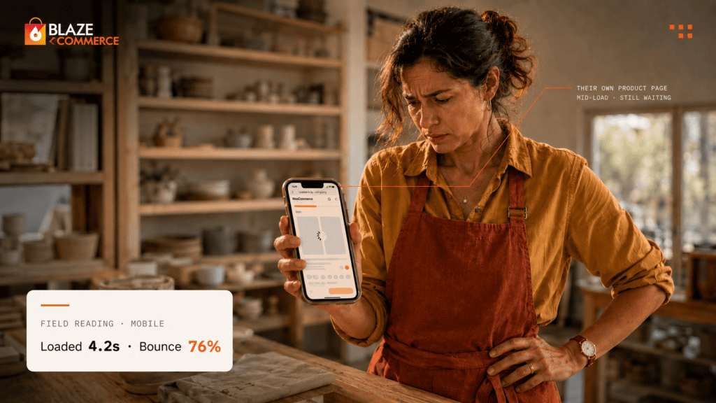 Small business owner frustrated in their shop as their own WooCommerce product page loads slowly on mobile - 77% of traffic affected