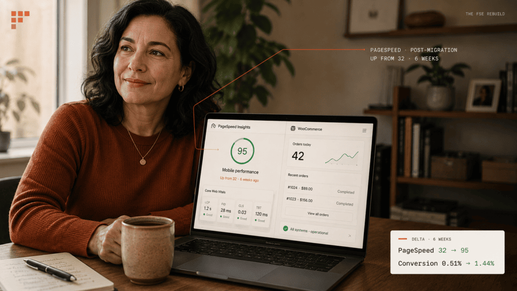 Clean organized modern workspace in warm daylight - opening "The FSE rebuild" section on WooCommerce theme migration recovery