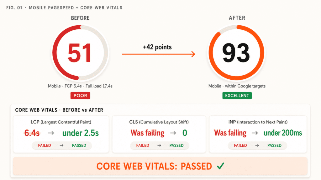 Shine Trim mobile PageSpeed before-and-after dashboard showing 51 to 93 improvement with Core Web Vitals LCP, CLS, and INP all passing after WooCommerce optimization.