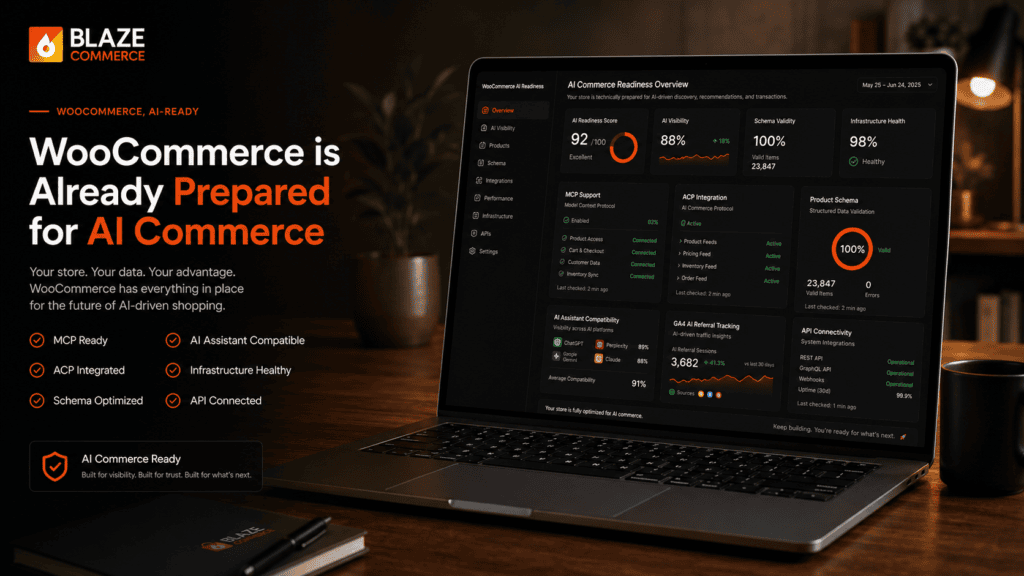 WooCommerce dashboard showing AI commerce integrations, structured schema validation, and ecommerce infrastructure metrics.