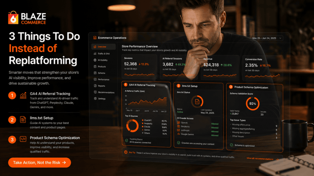 Dark-mode ecommerce operations dashboard showing GA4 AI referral tracking, llms.txt setup, and product schema optimization.