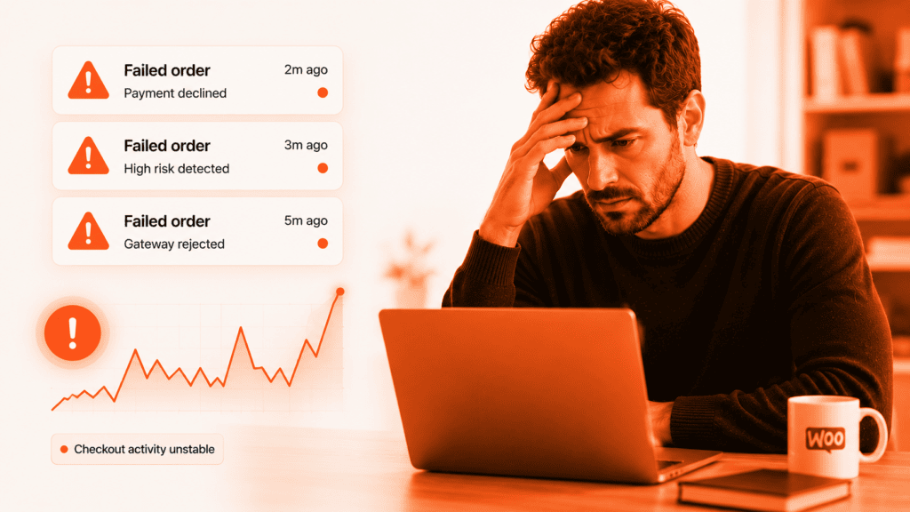 WooCommerce store owner reviewing a sudden spike in failed checkout orders and payment alerts.