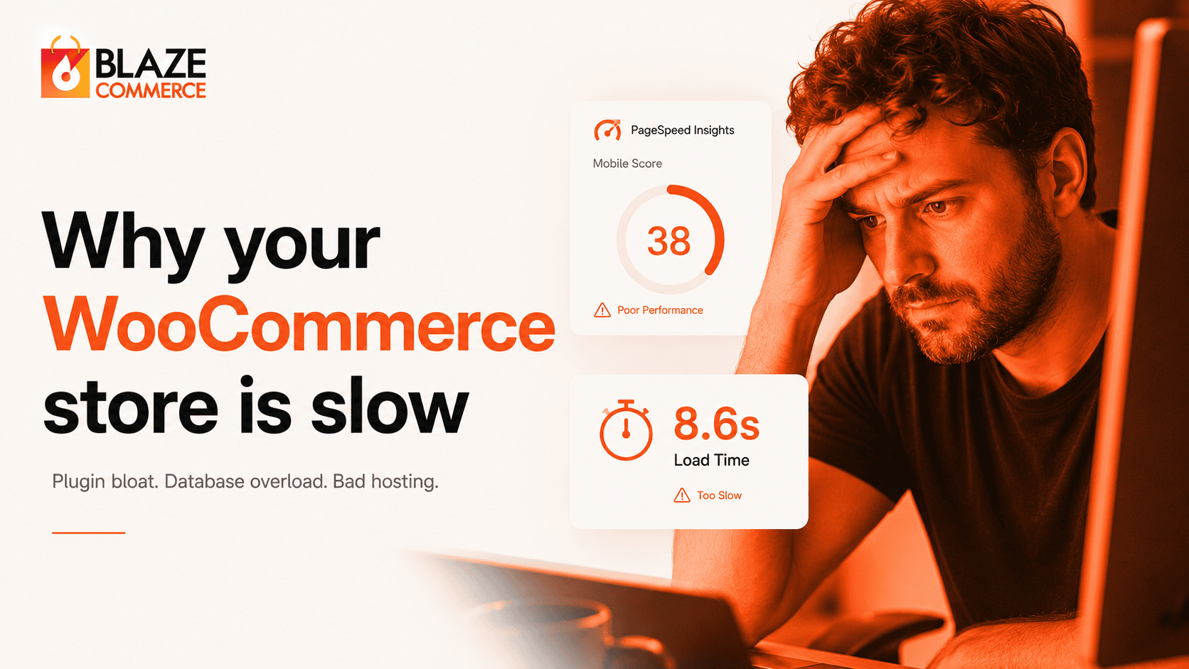 Woocommerce Store Owner frustrated while reviewing a slow WooCommerce store with low PageSpeed score and high load time performance issues.