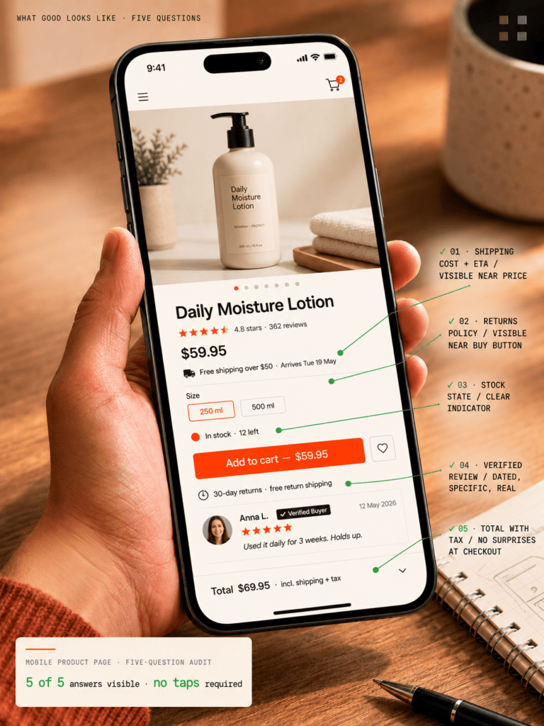 Annotated mobile WooCommerce product page with five green checkmark callouts showing all five trust answers visible above the fold: shipping cost and arrival date, returns policy near the buy button, clear stock indicator, verified review with date, total price including tax