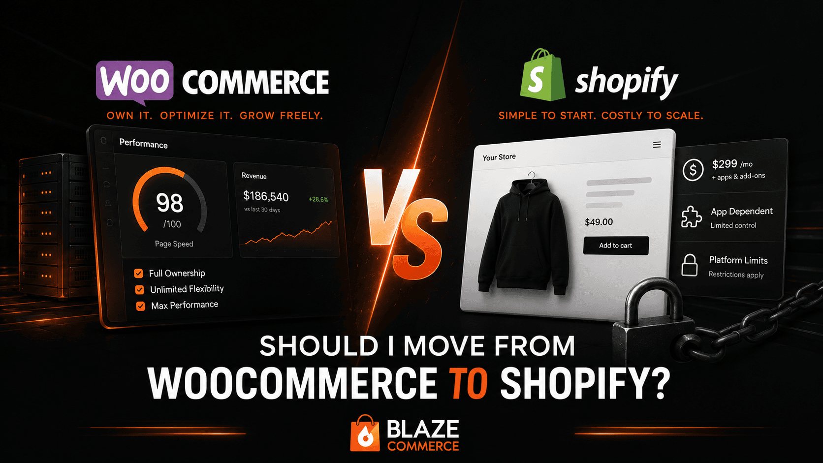 WooCommerce vs Shopify comparison visual for ecommerce performance and migration costs