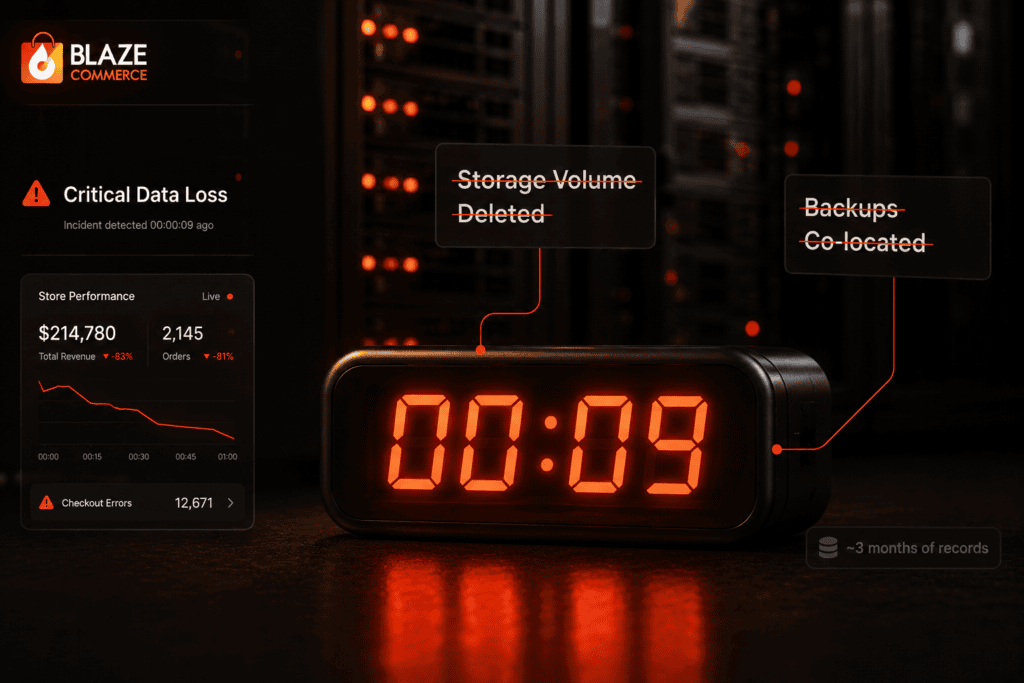 A nine-second timer beside a deleted storage volume whose co-located backups were lost with it