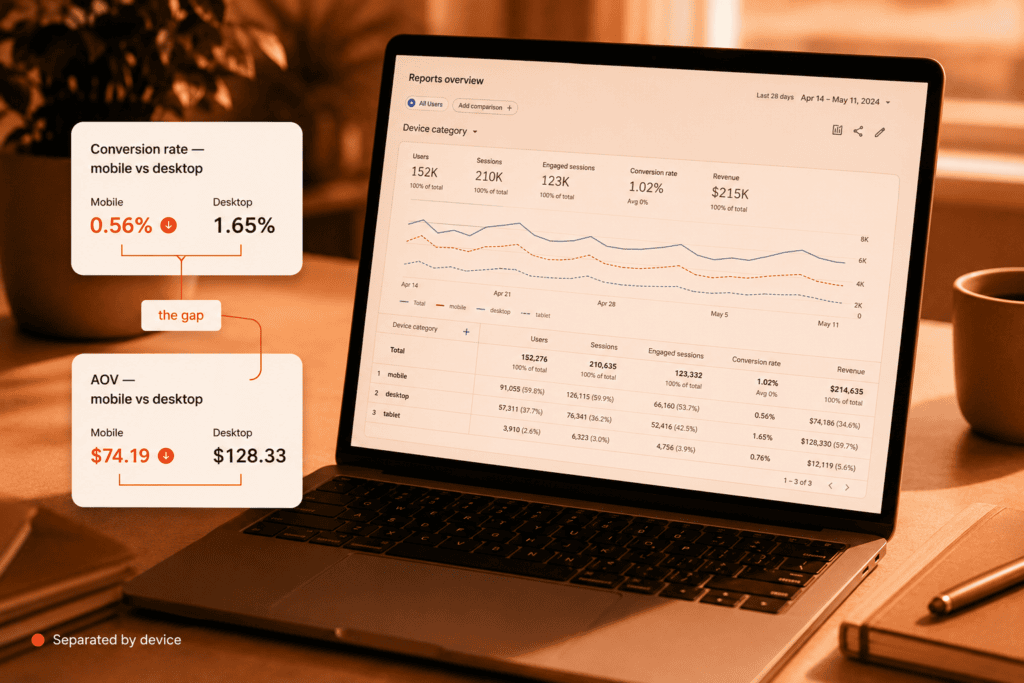 A laptop showing an analytics report comparing mobile and desktop conversion rate and average order value