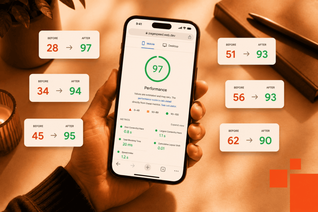 A phone showing a green 97 mobile PageSpeed score, surrounded by cards pairing six before-and-after speed scores