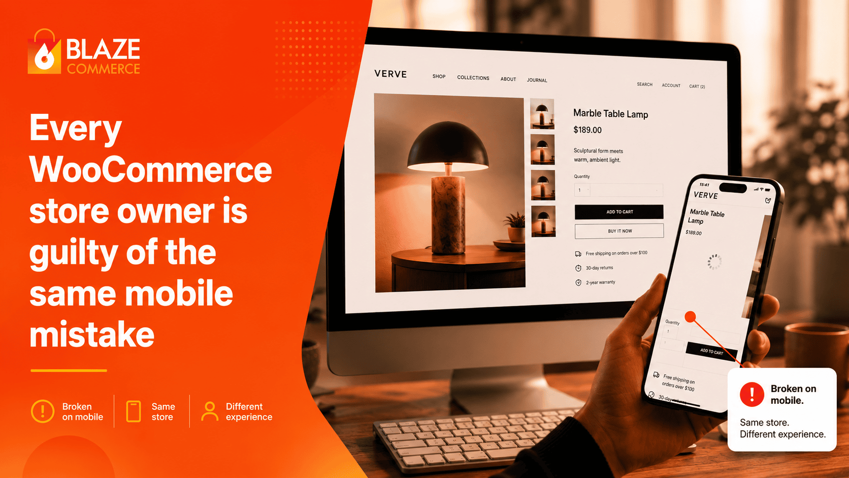 Mobile shopping app showing product details on phone and desktop.
